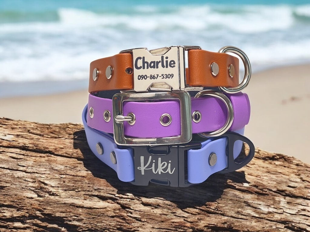 Stack of three BioThane dog collars on driftwood by the beach, featuring engraved silver, polished metal, and black buckles. 