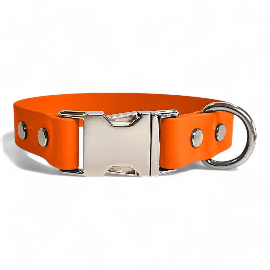 Neon orange BioThane dog collar by Dog Town Collars, featuring durable Chicago screws, a silver buckle clasp, and a sturdy D-ring for tags or leashes.