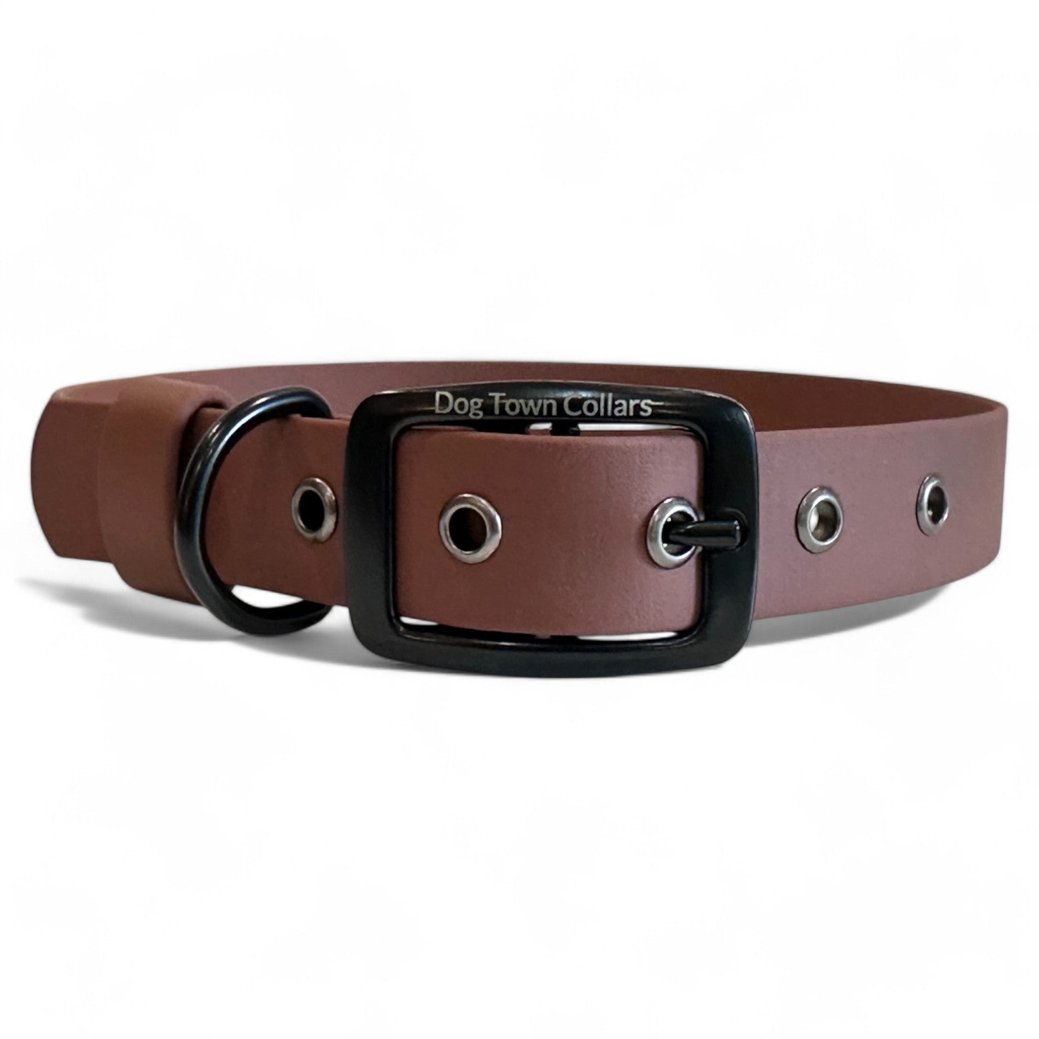 Rustic brown custom dog collar with black hardware that says Dog Town Collars