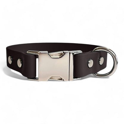 Black BioThane dog collar by Dog Town Collars, featuring durable Chicago screws, a silver buckle clasp, and a sturdy D-ring for tags or leashes.