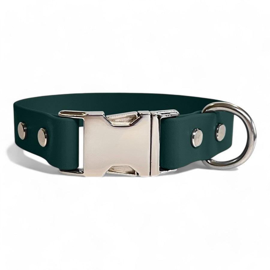 Forest Green BioThane dog collar by Dog Town Collars, featuring durable Chicago screws, a silver buckle clasp, and a sturdy D-ring for tags or leashes.