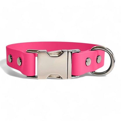 Hot pink BioThane dog collar by Dog Town Collars, featuring durable Chicago screws, a silver buckle clasp, and a sturdy D-ring for tags or leashes.