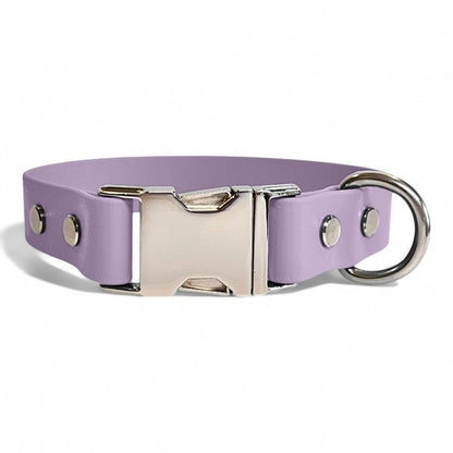 Lilac BioThane dog collar by Dog Town Collars, featuring durable Chicago screws, a silver buckle clasp, and a sturdy D-ring for tags or leashes.