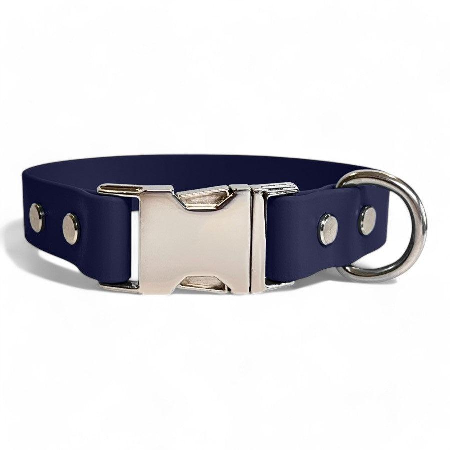 Midnight blue BioThane dog collar by Dog Town Collars, featuring durable Chicago screws, a silver buckle clasp, and a sturdy D-ring for tags or leashes.