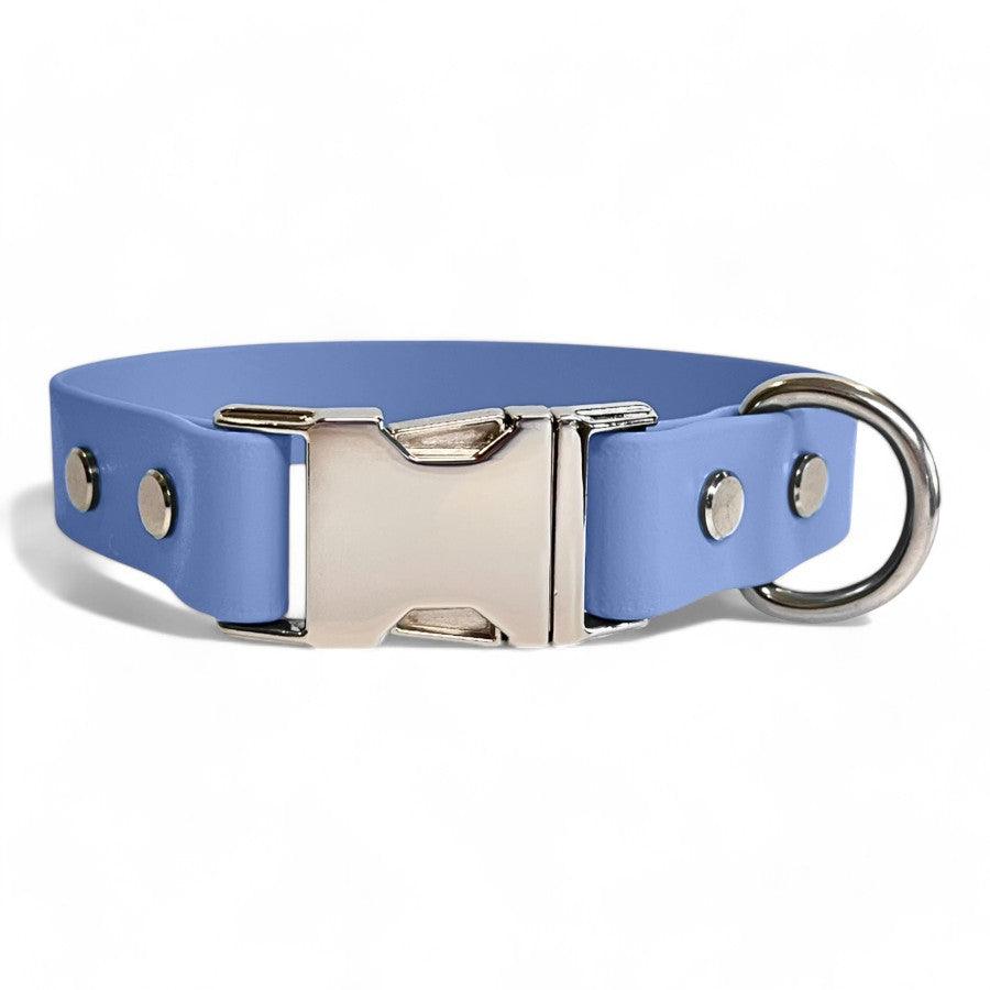 Periwinkle BioThane dog collar by Dog Town Collars, featuring durable Chicago screws, a silver buckle clasp, and a sturdy D-ring for tags or leashes.