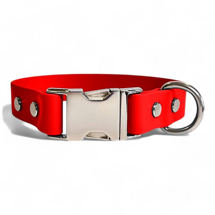 Red BioThane dog collar by Dog Town Collars, featuring durable Chicago screws, a silver buckle clasp, and a sturdy D-ring for tags or leashes.