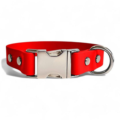 Red BioThane dog collar by Dog Town Collars, featuring durable Chicago screws, a silver buckle clasp, and a sturdy D-ring for tags or leashes.