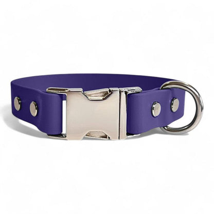 Purple BioThane dog collar by Dog Town Collars, featuring durable Chicago screws, a silver buckle clasp, and a sturdy D-ring for tags or leashes.