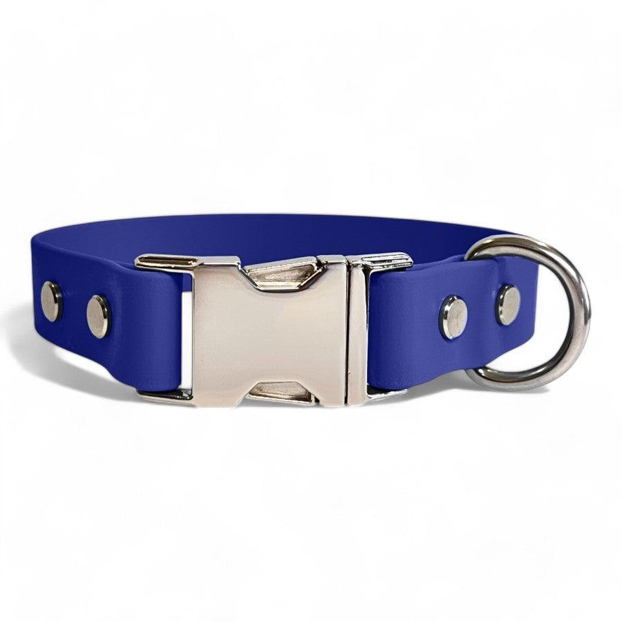 Royal blue BioThane dog collar by Dog Town Collars, featuring durable Chicago screws, a silver buckle clasp, and a sturdy D-ring for tags or leashes.