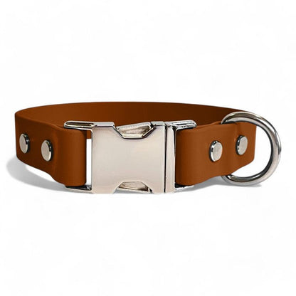 Rustic brown BioThane dog collar by Dog Town Collars, featuring durable Chicago screws, a silver buckle clasp, and a sturdy D-ring for tags or leashes.