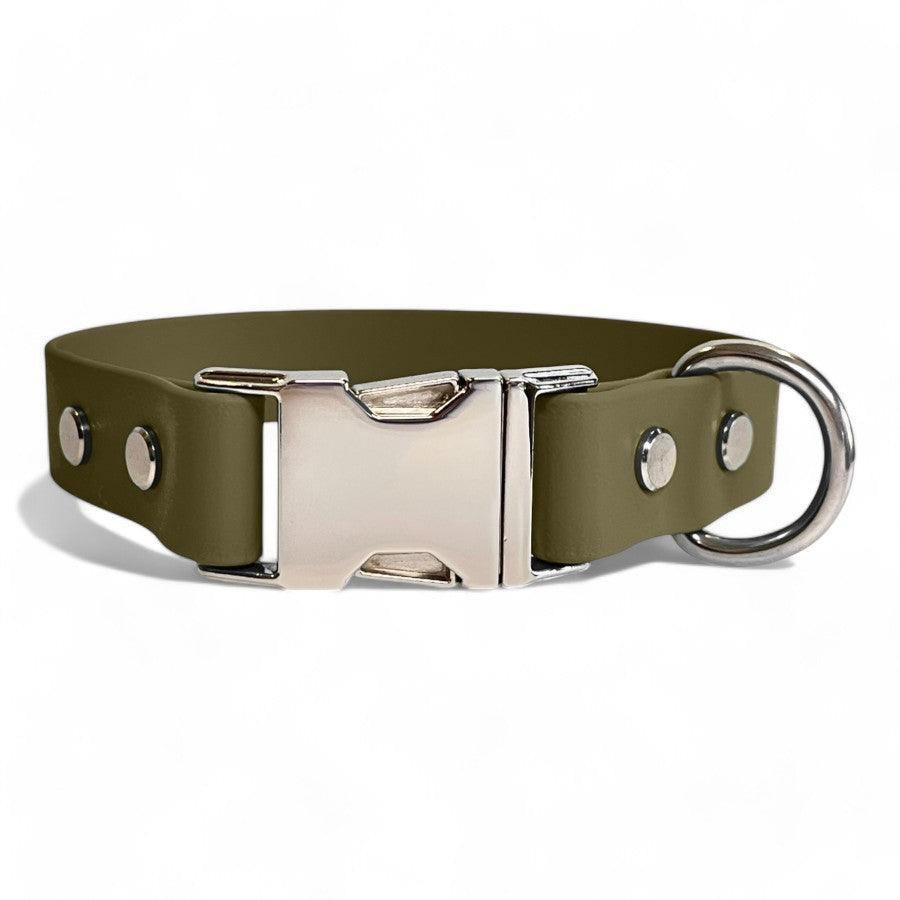 Sargent green BioThane dog collar by Dog Town Collars, featuring durable Chicago screws, a silver buckle clasp, and a sturdy D-ring for tags or leashes.