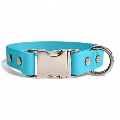 Sky blue BioThane dog collar by Dog Town Collars, featuring durable Chicago screws, a silver buckle clasp, and a sturdy D-ring for tags or leashes.