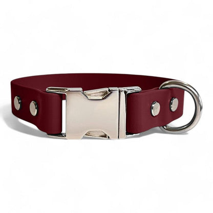 Wine color BioThane dog collar by Dog Town Collars, featuring durable Chicago screws, a silver buckle clasp, and a sturdy D-ring for tags or leashes.